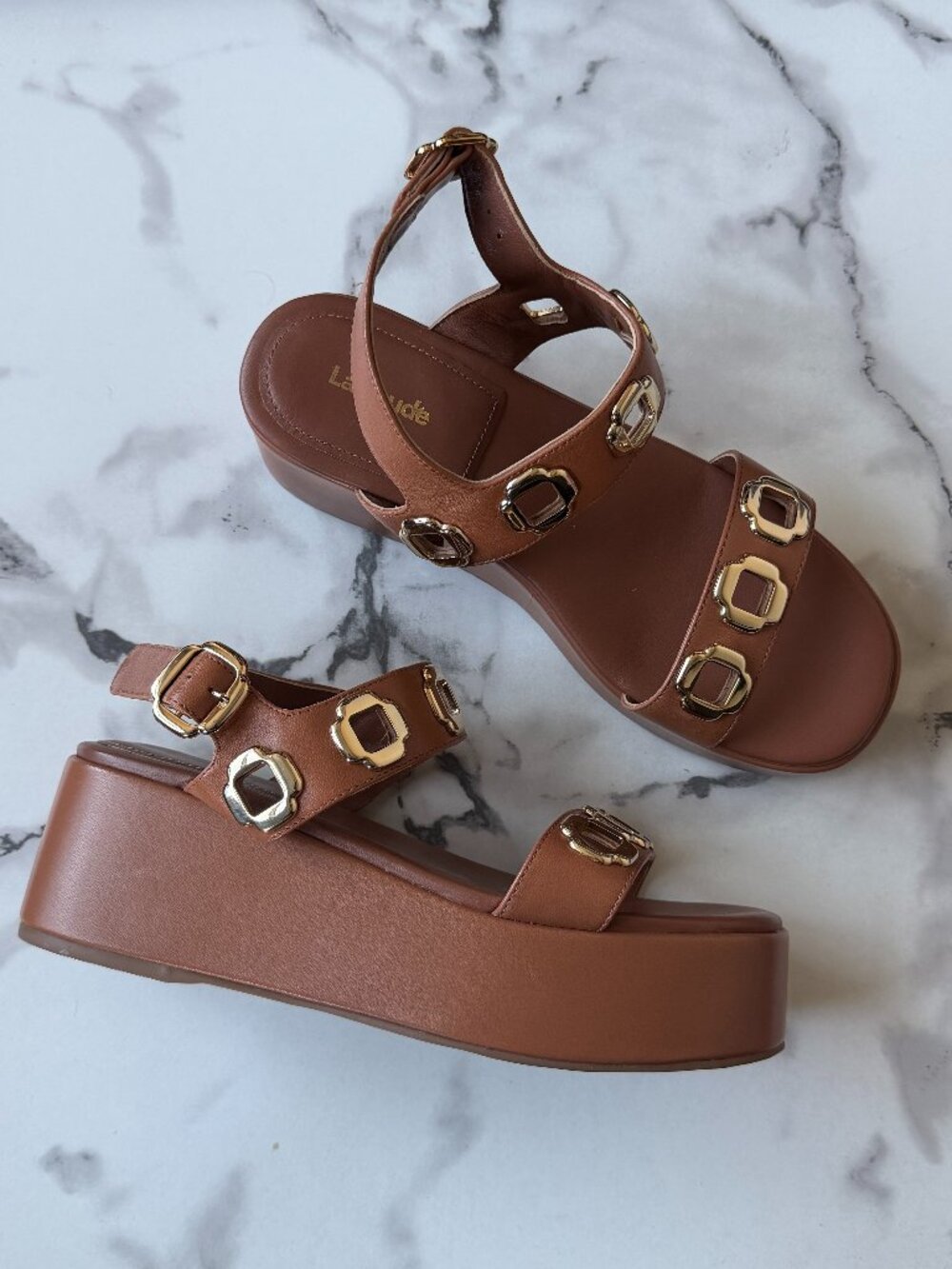 Larroudé Brown Leather Grommet Platform Sandals NEW Size 8.5